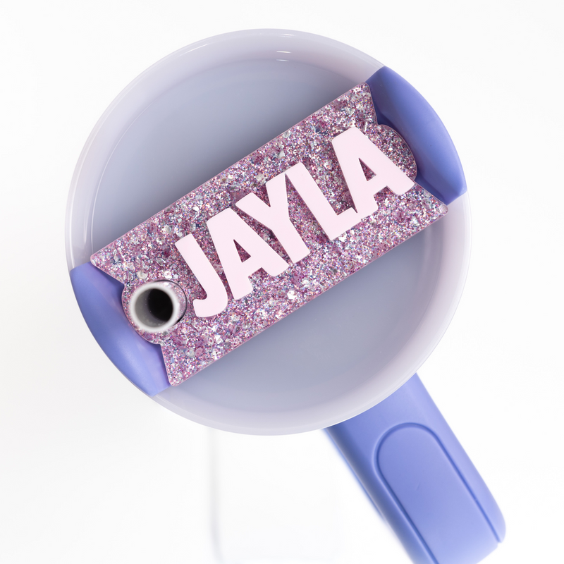 Topper Tag snapdragon sparkle design for Stanley Quencher showing custom name tag attachment