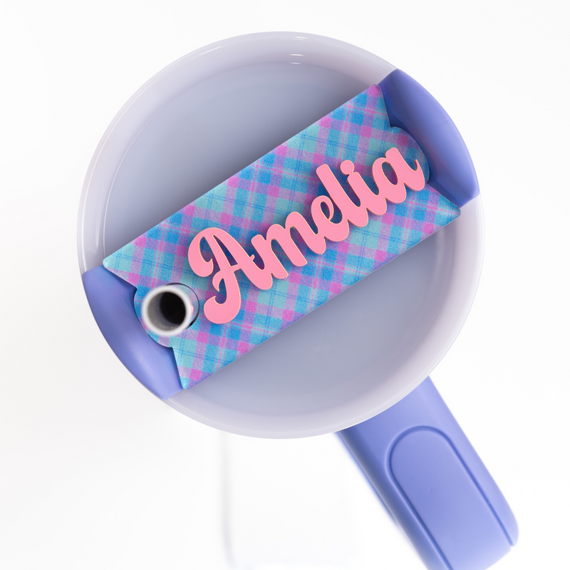 Topper Tag springtime plaid design for Stanley Quencher showing custom name tag attachment