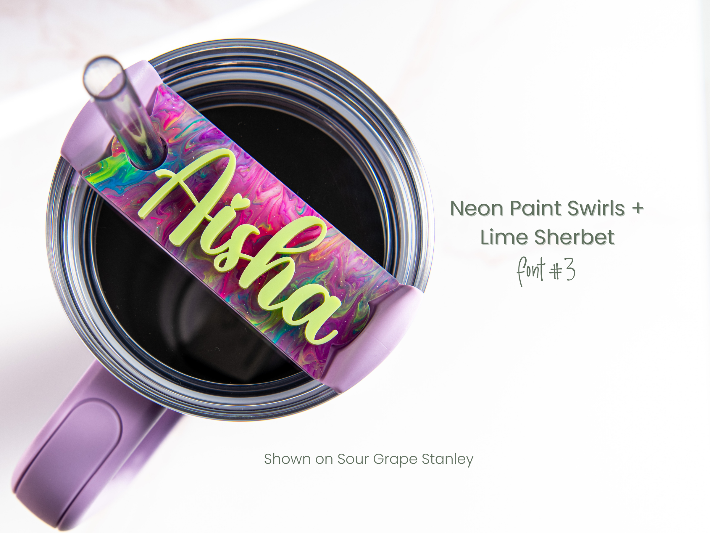 Topper Tags for Stanley Quencher showing custom name tag attachments