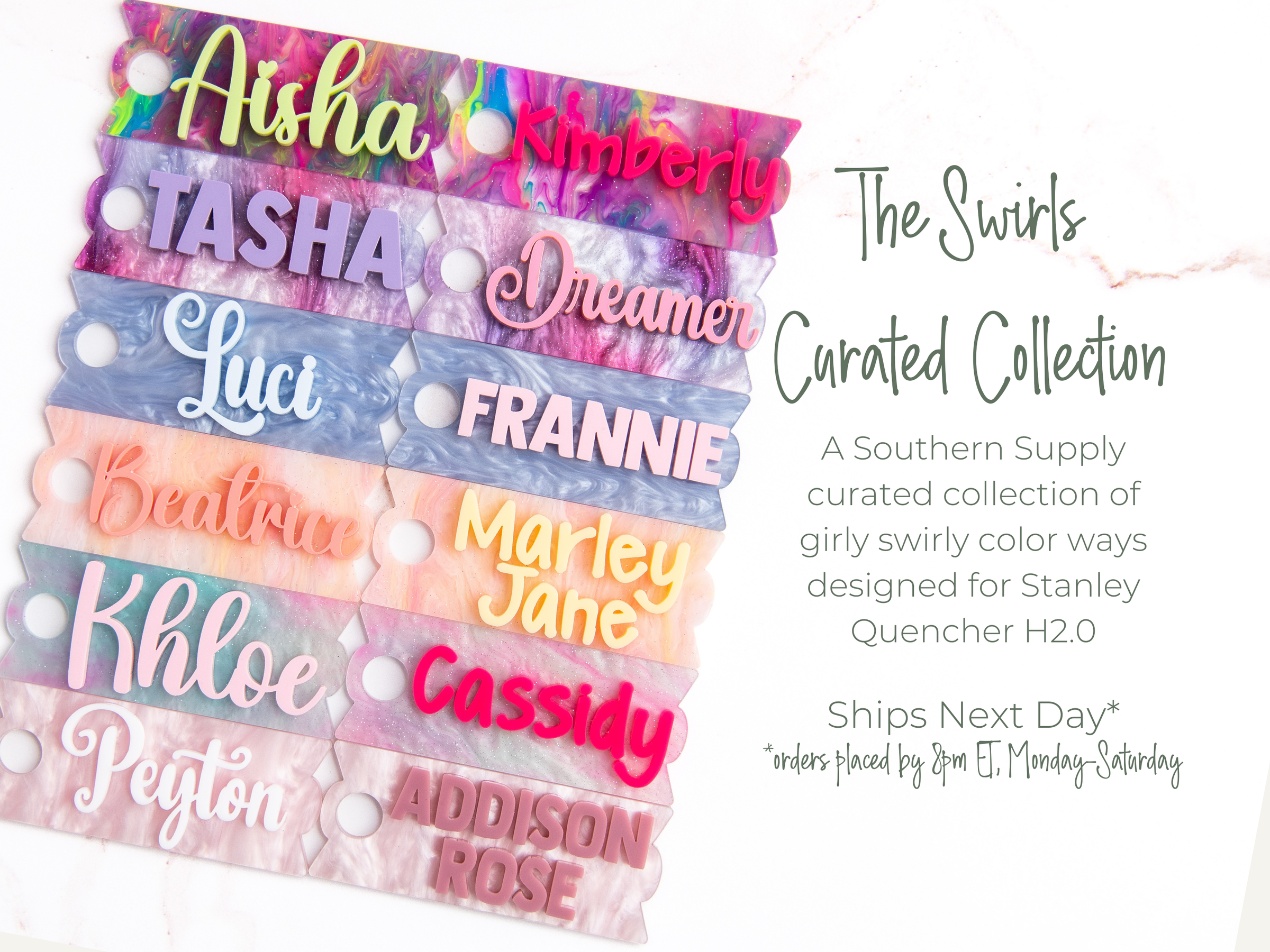 Topper Tags for Stanley Quencher showing custom name tag attachments