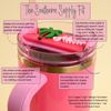 Pink tumbler with straw plate and topper tag, featuring text on compatibility and design features.