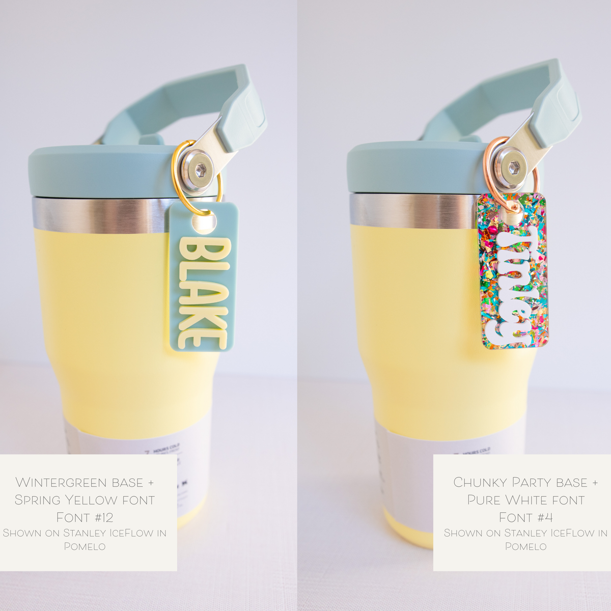 A collection of personalized tumbler charms in various colors and with different names printed on them, attached to a keychain ring.
