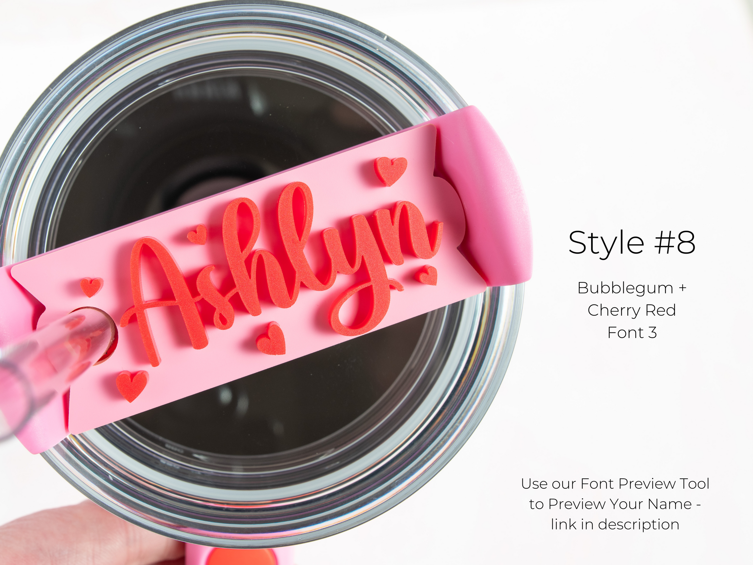Topper Tags for Stanley Quencher showing custom name tag attachments