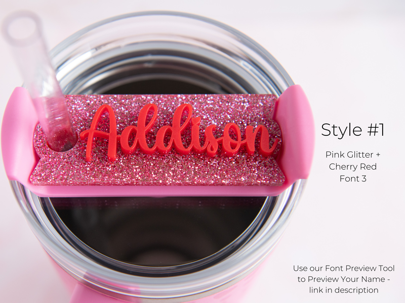 Topper Tags for Stanley Quencher showing custom name tag attachments