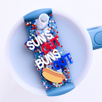 Funny 4th of July Topper Tag showing red white blue stars design with 'suns out buns out' humor for Stanley Quencher