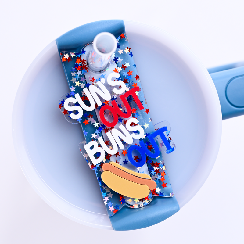 Funny 4th of July Topper Tag showing red white blue stars design with 'suns out buns out' humor for Stanley Quencher