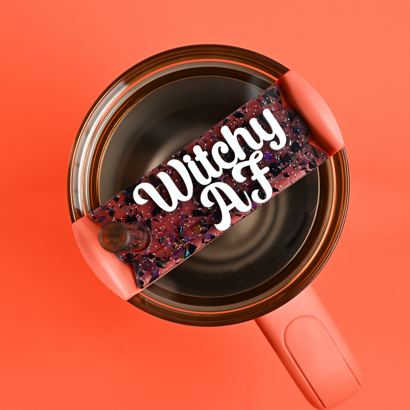 Topper Tag displaying "Witchy AF" fall phrase design for Stanley Quencher with Halloween vibes