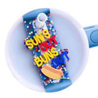 Funny 4th of July Topper Tag showing red white blue stars design with 'suns out buns out' humor for Stanley Quencher