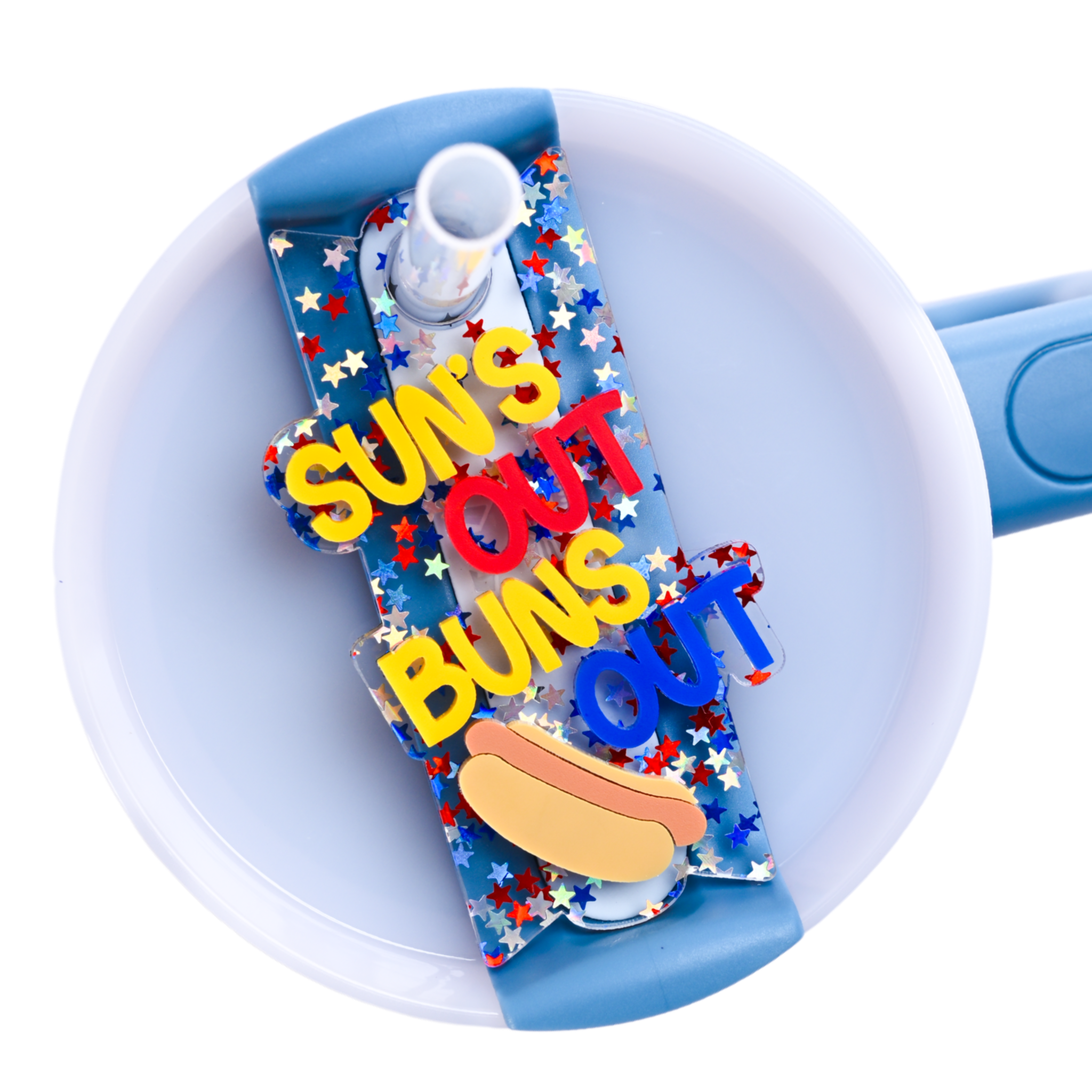 Funny 4th of July Topper Tag showing red white blue stars design with 'suns out buns out' humor for Stanley Quencher