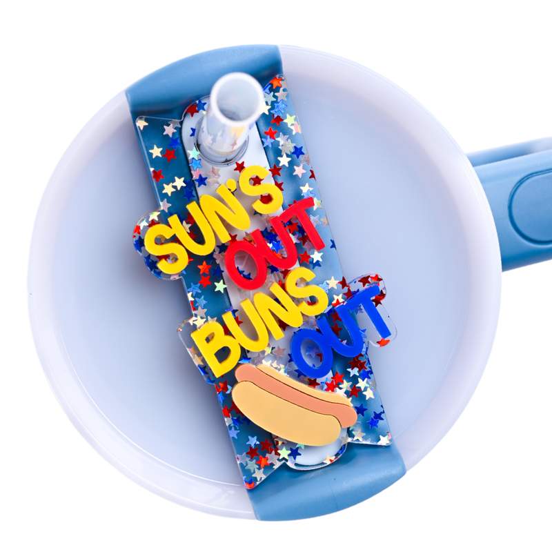 Funny 4th of July Topper Tag showing red white blue stars design with 'suns out buns out' humor for Stanley Quencher