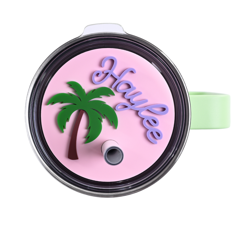 Topper Tag ballet pink Palm Beach tropical palm tree design for Yeti Rambler showing custom name personalization