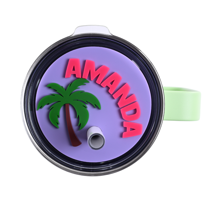 Topper Tag grape Palm Beach tropical palm tree design for Yeti Rambler showing custom name personalization