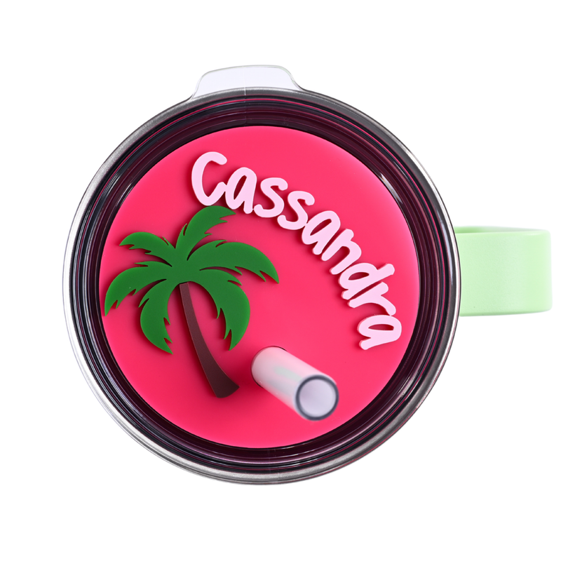 Topper Tag hot pink Palm Beach tropical palm tree design for Yeti Rambler showing custom name personalization