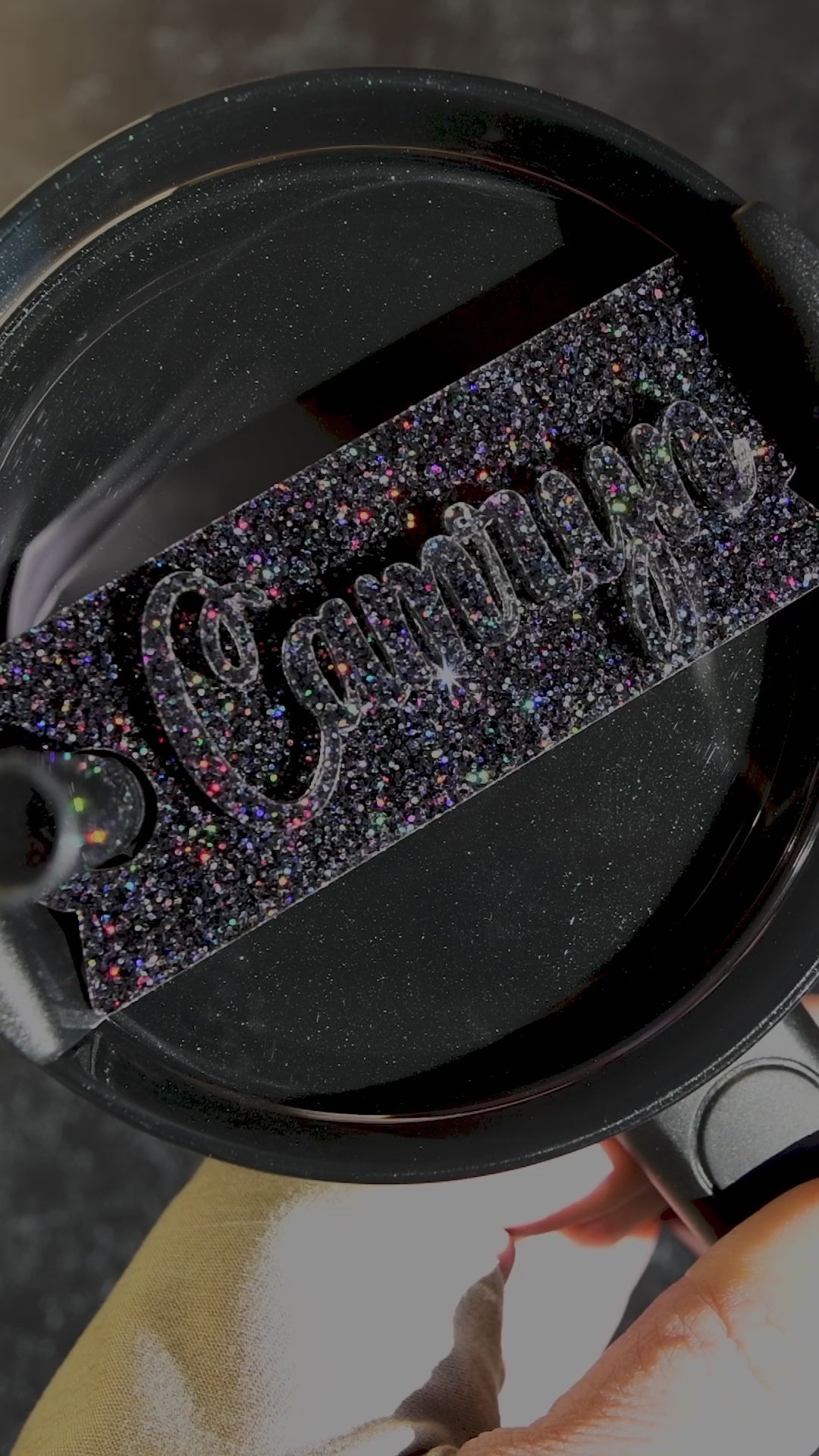 Topper Tag perfect pair Stanley Midnight Glitz Quencher showing custom name tag attachment
