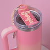 Topper Tag perfect pair Stanley Pink Mesa Quencher showing custom name tag attachment that reads "Georgia"