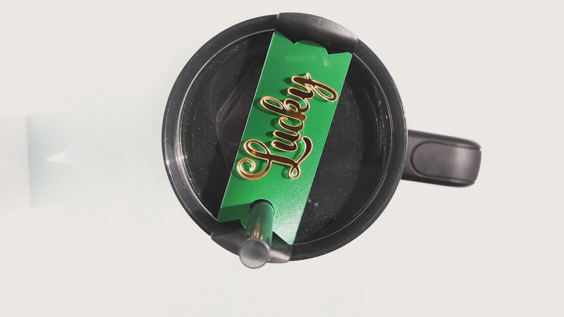 Topper Tag perfect pair Stanley shamrock green Quencher showing custom name tag attachments