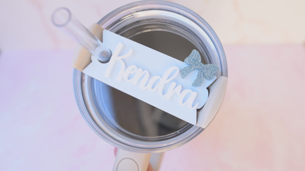 Topper Tags for Stanley Quencher showing custom name tag attachments