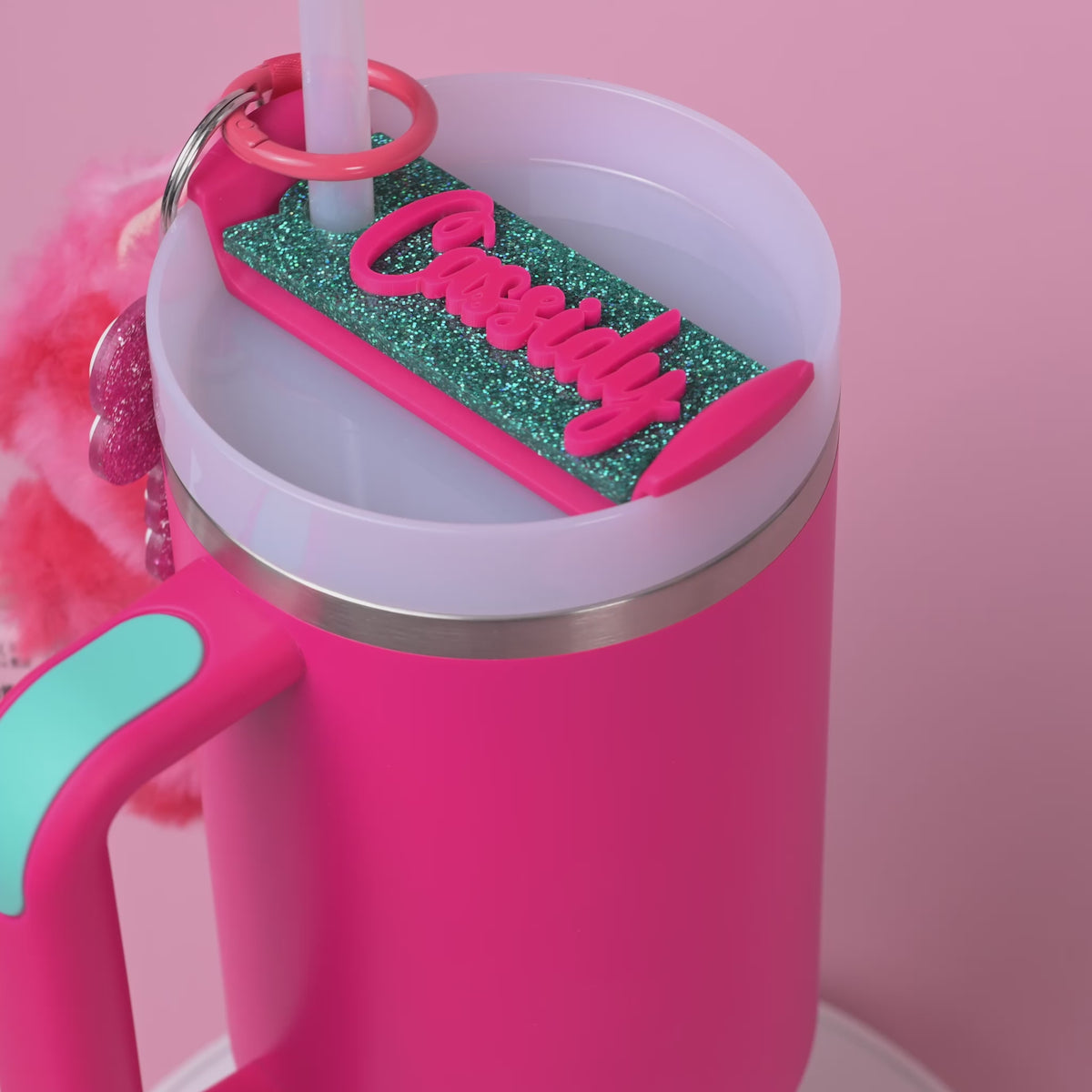 Topper Tag perfect pair Stanley Passion Pink Quencher showing custom name tag attachment that reads "Cassidy"